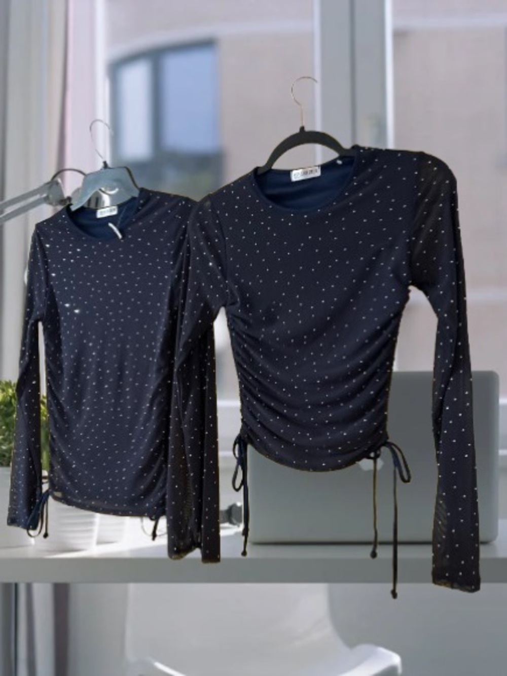 Ruched Navy Blue Long-Sleeve sheer mesh rhinestoneTee - Picture 2 of 6